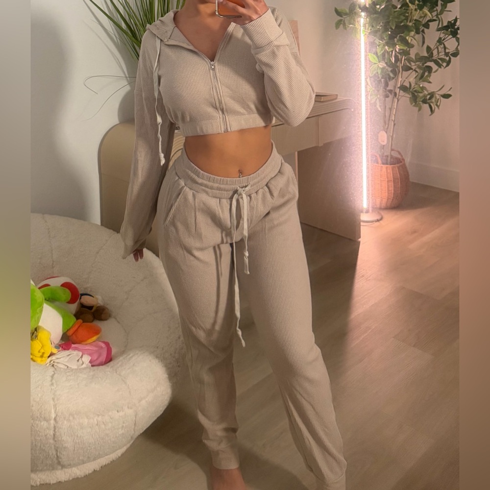 Women's Beige Ribbed Lounge Set